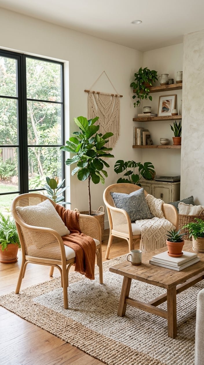 A living room with two cane accent chairs around a wooden coffee table, surrounded by plants and natural light.