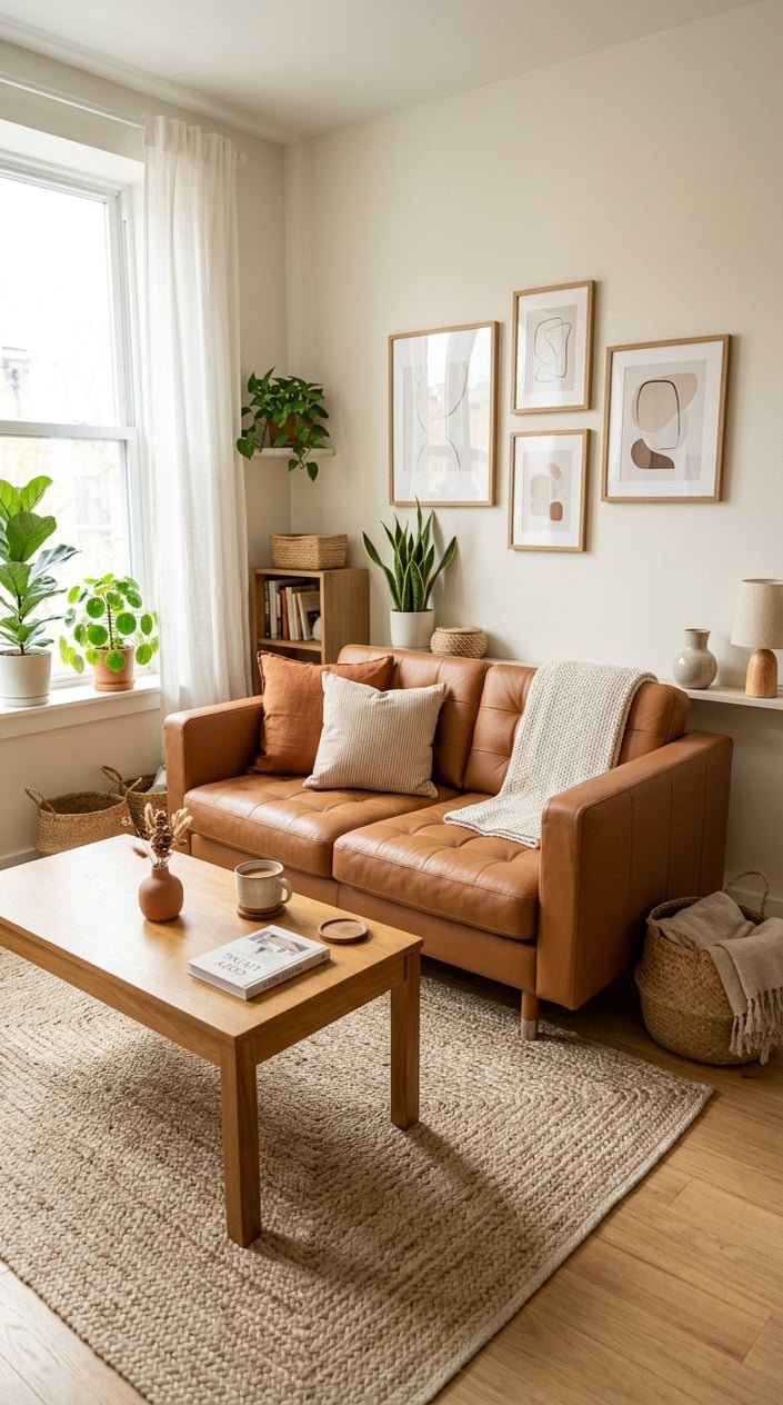 A small living room with a camel-colored loveseat, wooden coffee table, green plants, and warm neutral walls.