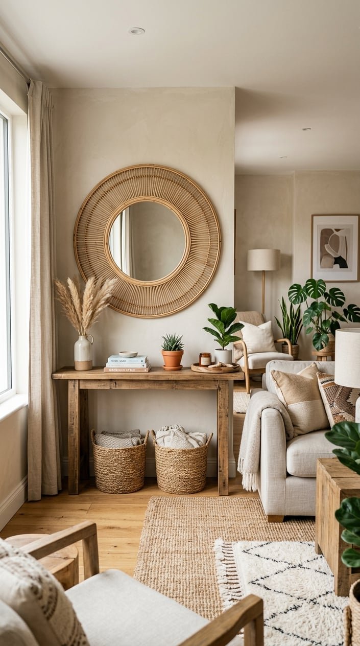 Living room with a large round rattan mirror above a wooden console table, surrounded by plants, cushions, and natural decor elements.