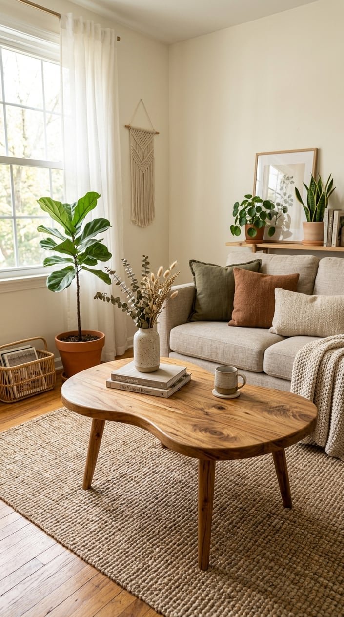 Small living room with a mango wood coffee table surrounded by a sofa, rug, and plants.