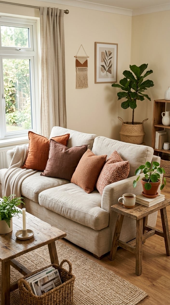 A cozy living room with a sofa decorated with rust and clay-colored throw pillows, wooden furniture, and potted plants.