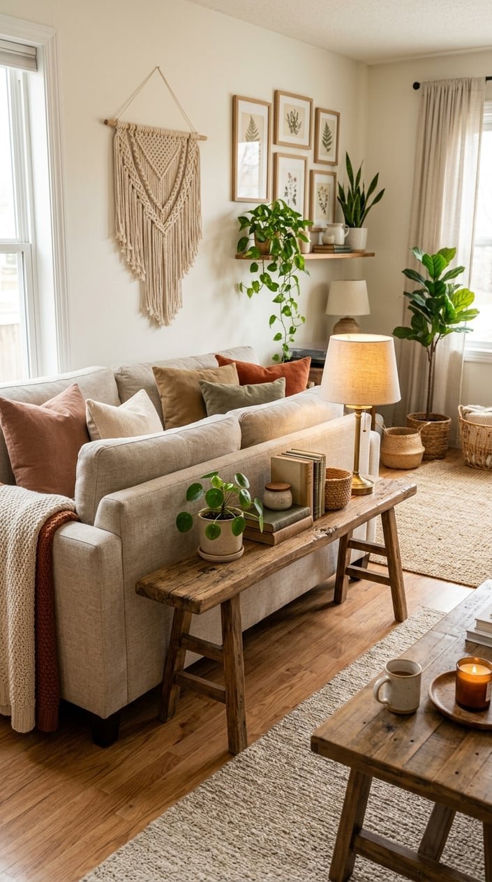Living room with a wooden bench behind a sofa, decorated with plants and cozy furnishings.