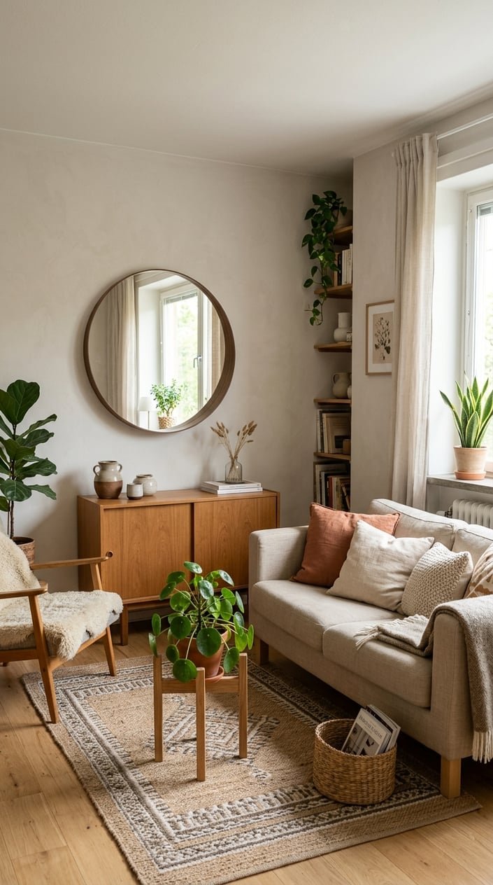 Small living room with a round mirror on the wall reflecting natural light, wooden furniture, plants, and cozy cushions.