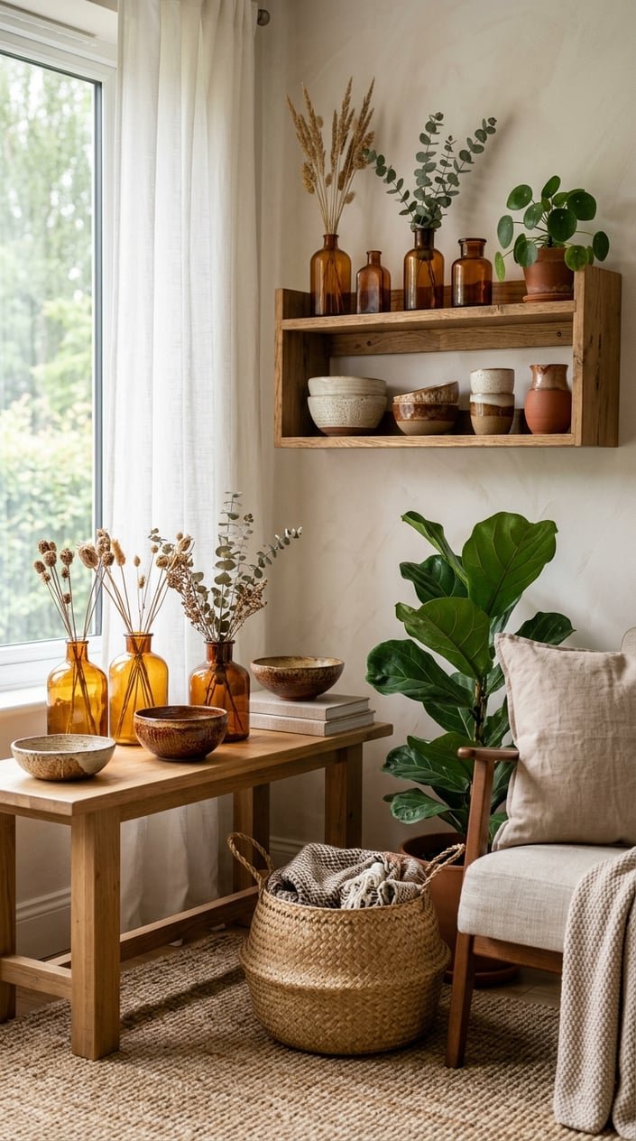 A living room corner with amber glass vases and handmade ceramic bowls displayed on wooden furniture, surrounded by plants and natural decor.