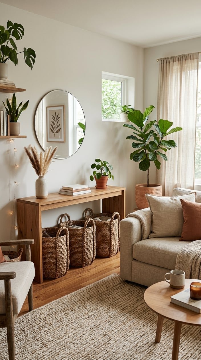 Small living room with woven baskets used for storage next to a sofa and wooden console table, decorated with plants and natural light.