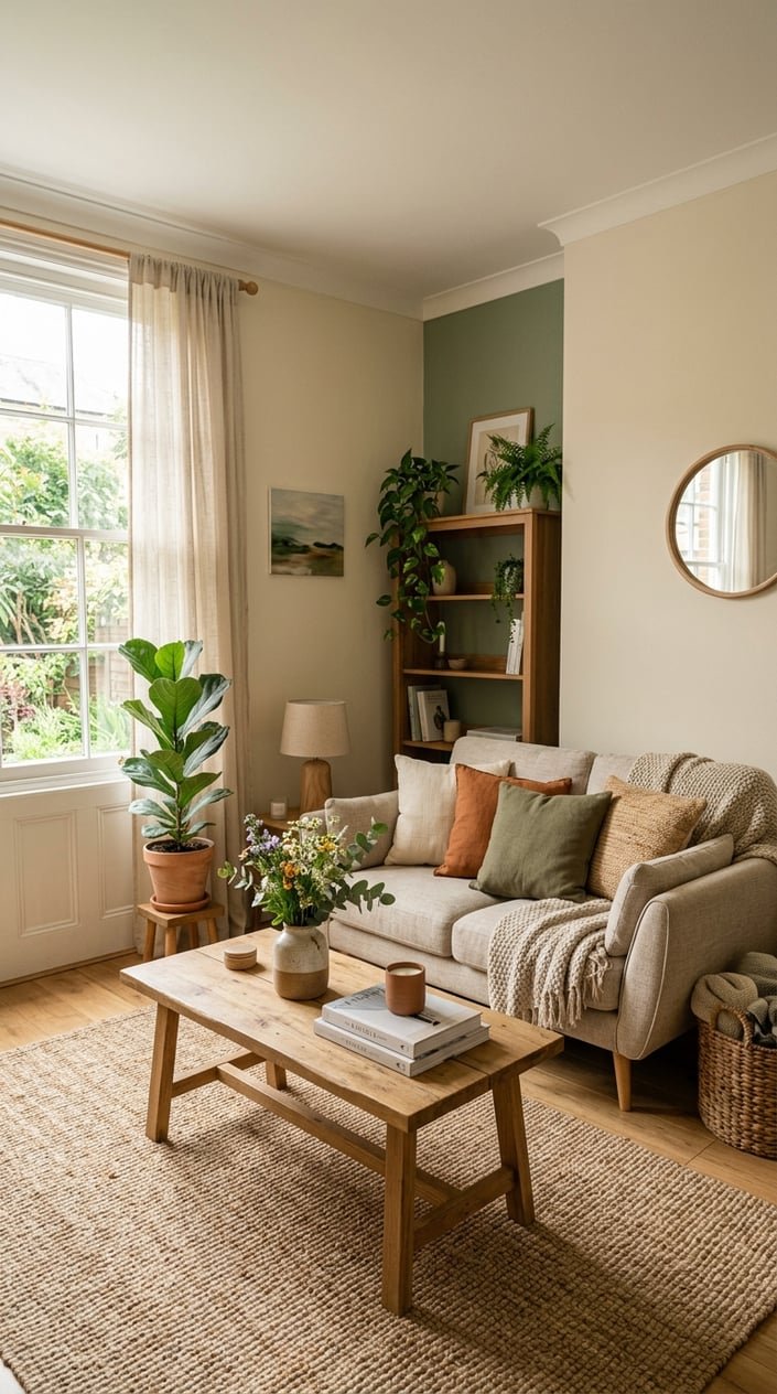 A small living room with soft off-white walls, green accents, wooden furniture, and plants, creating a warm and inviting atmosphere.