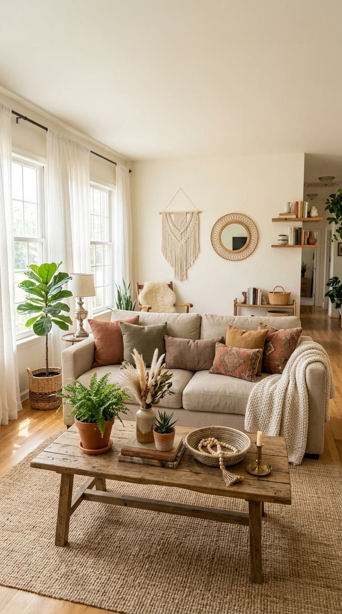 A cozy living room with warm white walls, a beige sofa with patterned pillows, a wooden coffee table with plants, and natural light coming through sheer curtains.
