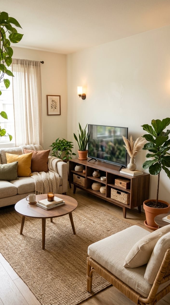 A small living room with a low walnut media console, a flat-screen TV, cozy seating, plants, and warm natural decor.