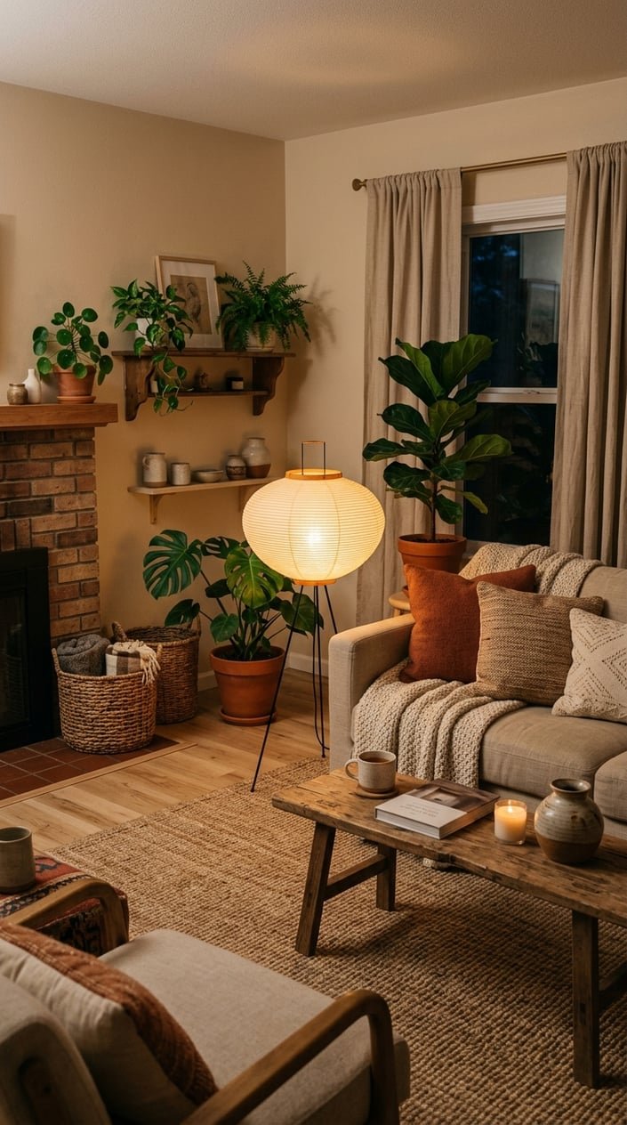 Cozy living room softly lit by a glowing rice paper floor lamp, featuring wooden furniture, plants, and earthy decor.