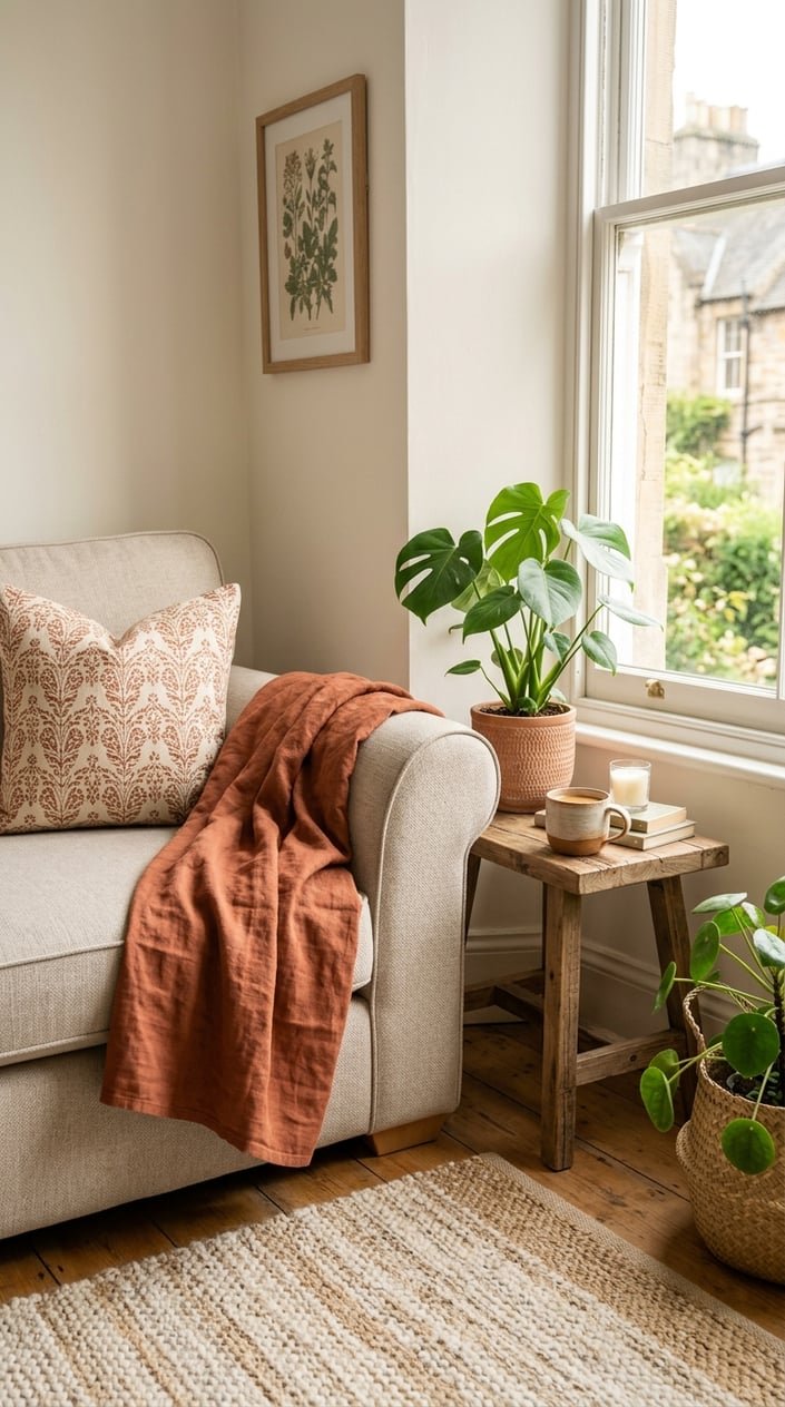 A small living room corner with a beige sofa and a terracotta linen throw draped over the armrest, surrounded by wooden furniture and green plants.