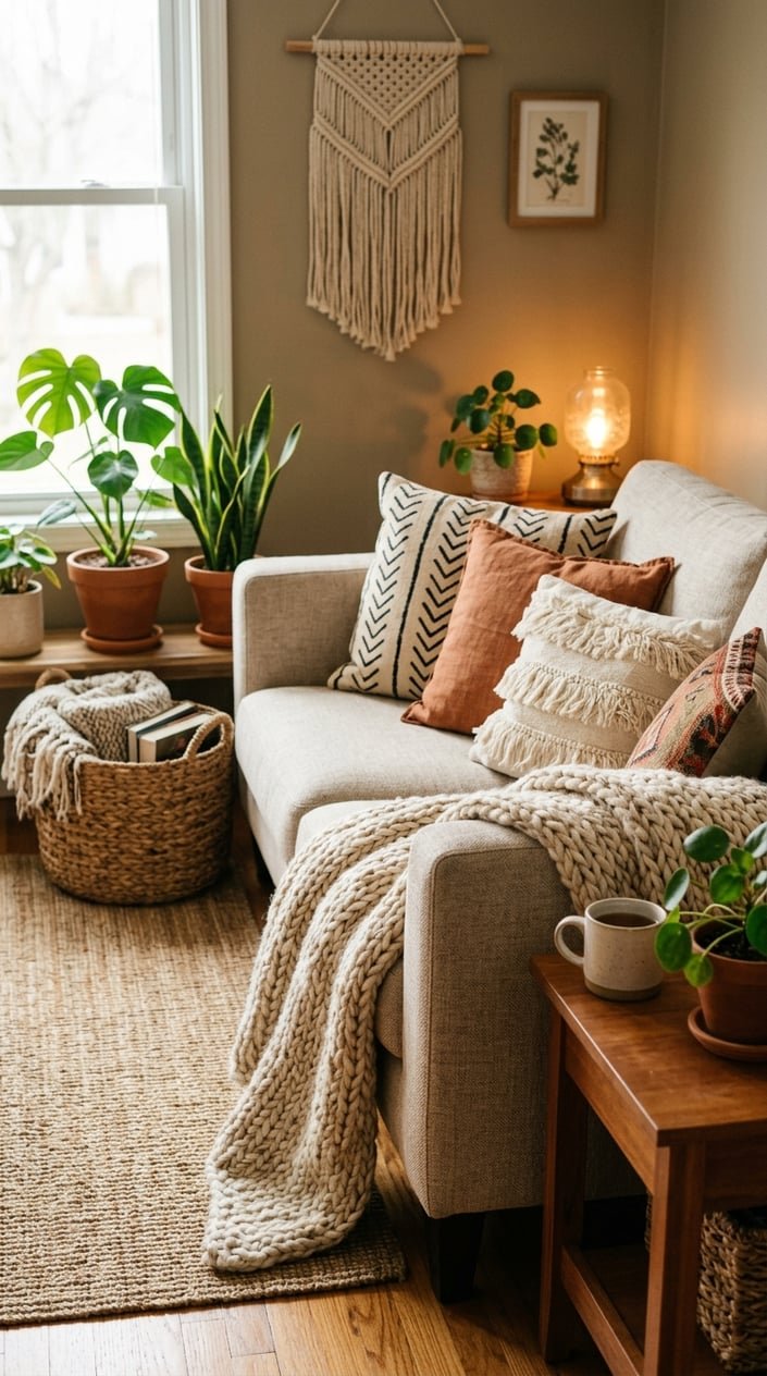 A sofa with a chunky knit or patterned throw draped over one arm in a cozy living room with plants and wooden furniture.