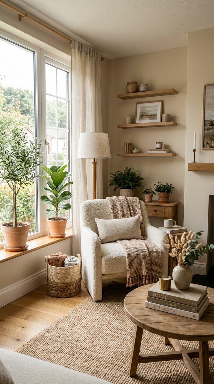 Small living room with a bouclé accent chair near a window, a wooden coffee table, plants, and natural light.
