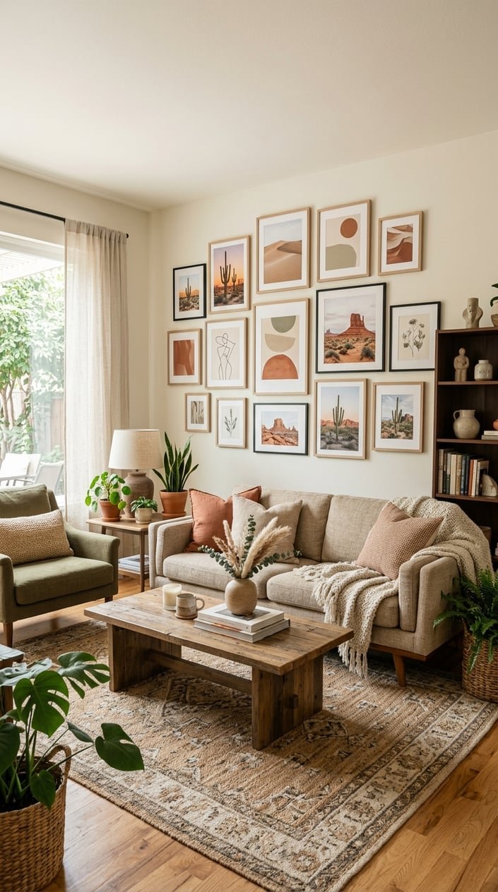 A cozy living room with a gallery wall displaying desert photographs and abstract earth-tone artwork, featuring warm wooden furniture and soft natural lighting.