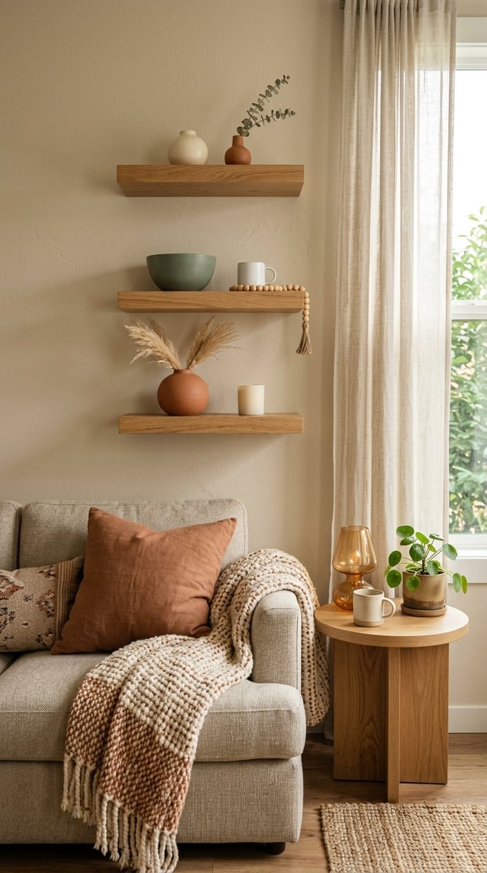 A small living room corner with floating wood shelves holding small ceramic vases and a compact sofa with a woven throw.