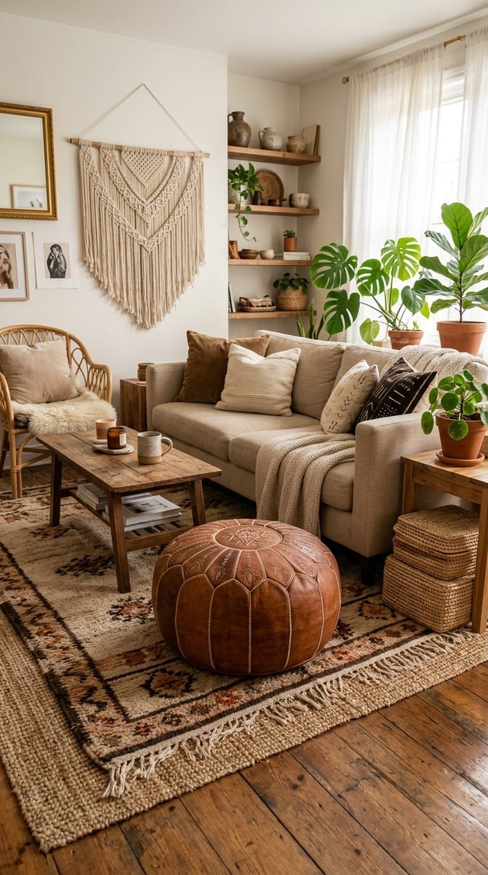A warm and inviting living room with a leather pouf, sofa, wooden furniture, plants, and soft natural light.