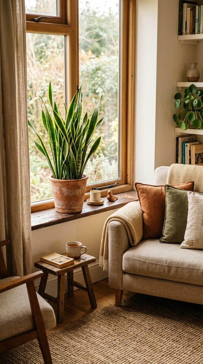 A small living room corner with a snake plant in a terracotta planter on a wooden windowsill, surrounded by warm natural light and wooden furniture.