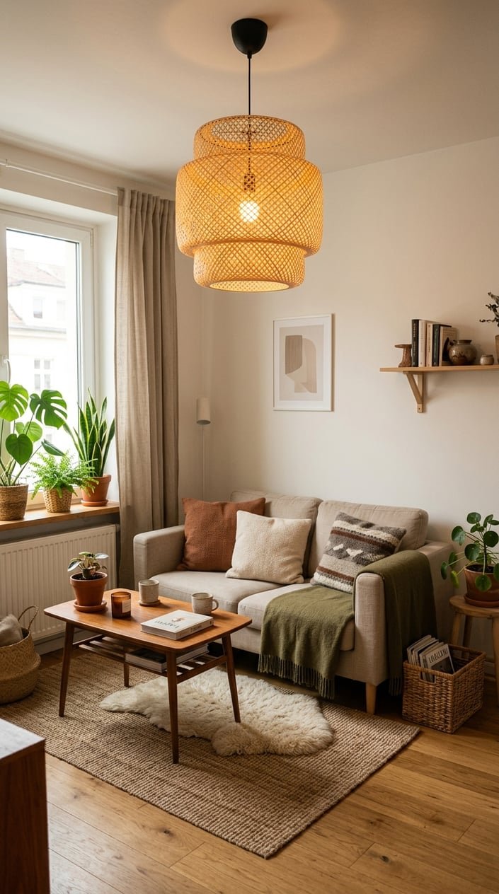 A small living room lit by a bamboo pendant lamp, featuring wooden furniture, plants, and earthy decor.