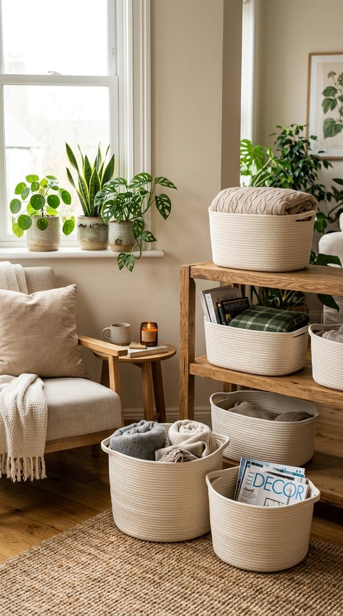 A cozy living room corner with woven storage baskets, wooden furniture, plants, and soft cushions.