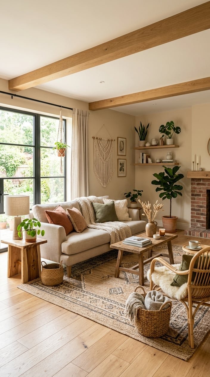 A bright living room with wooden furniture, plants, and cozy cushions arranged neatly in a clean and inviting space.