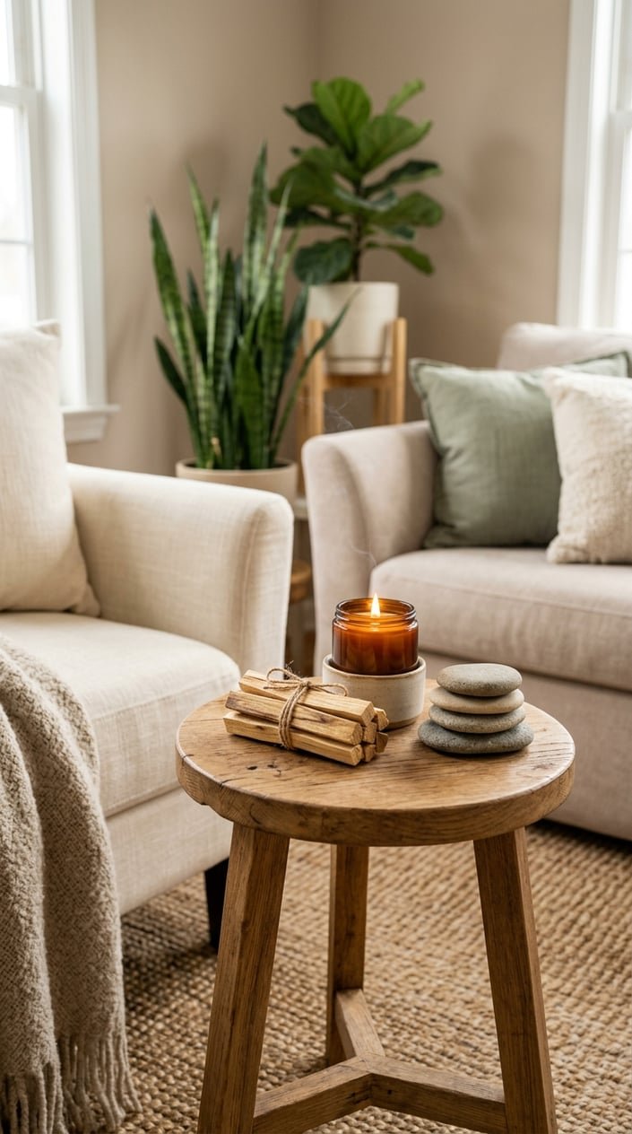 A small wooden side table with Palo Santo sticks, stone coasters, and a burning cedar candle.