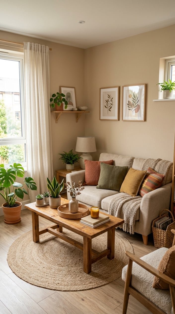 A small living room with a compact sofa, wooden coffee table, houseplants, and natural decor in warm earth tones.