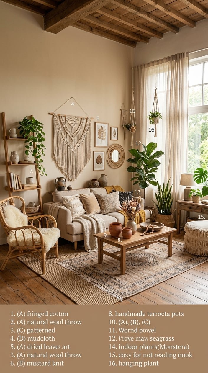 A cozy living room with natural materials, plants, and warm earth tones, featuring comfortable seating and decorative elements.