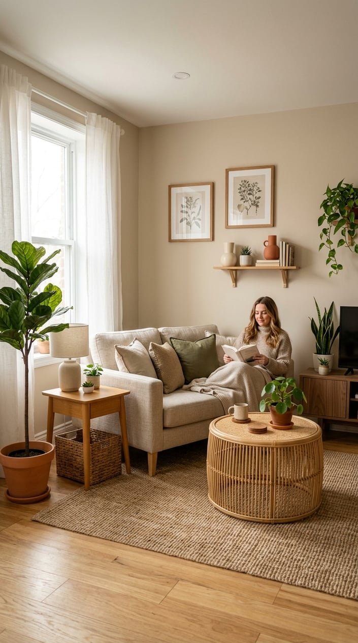 A small living room with a sofa, wooden furniture, plants, and soft natural light.