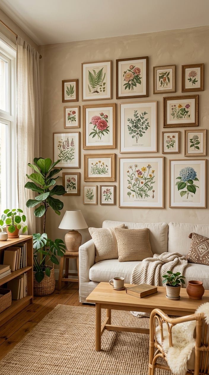 A cozy living room with a gallery wall of framed botanical prints, wooden furniture, and natural light.