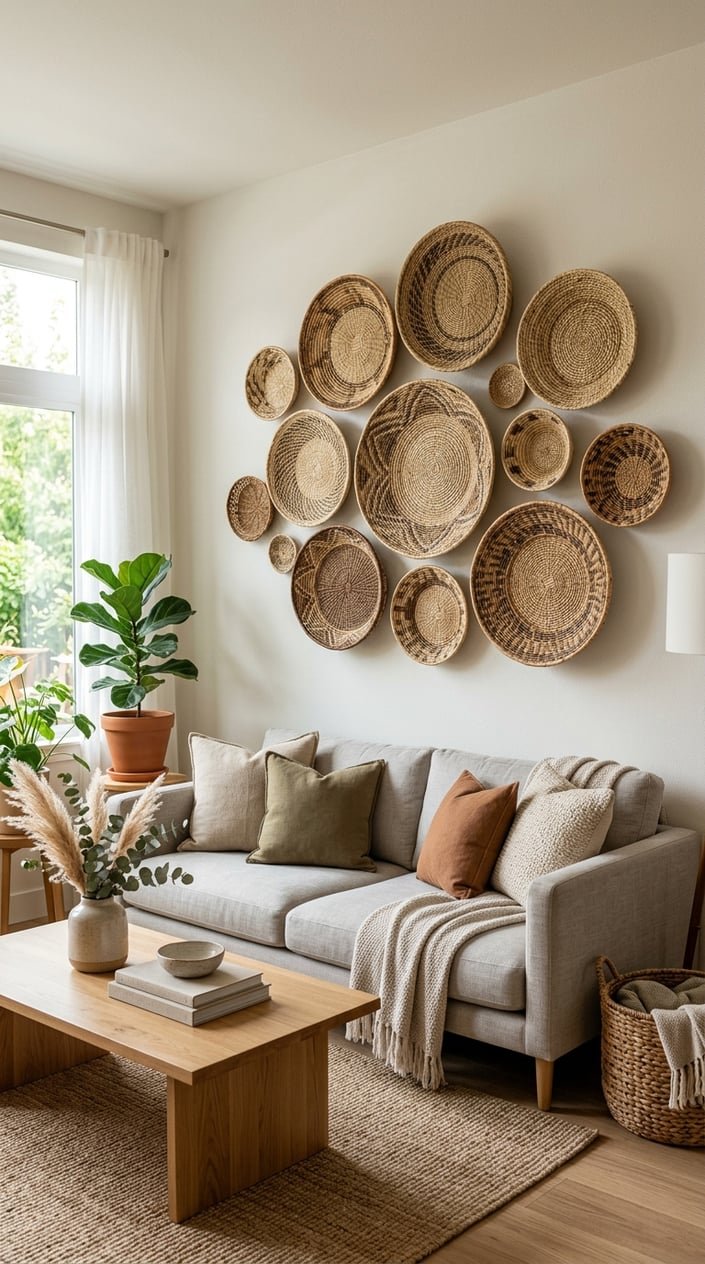 Living room wall decorated with large woven seagrass baskets arranged on a neutral wall above a sofa.