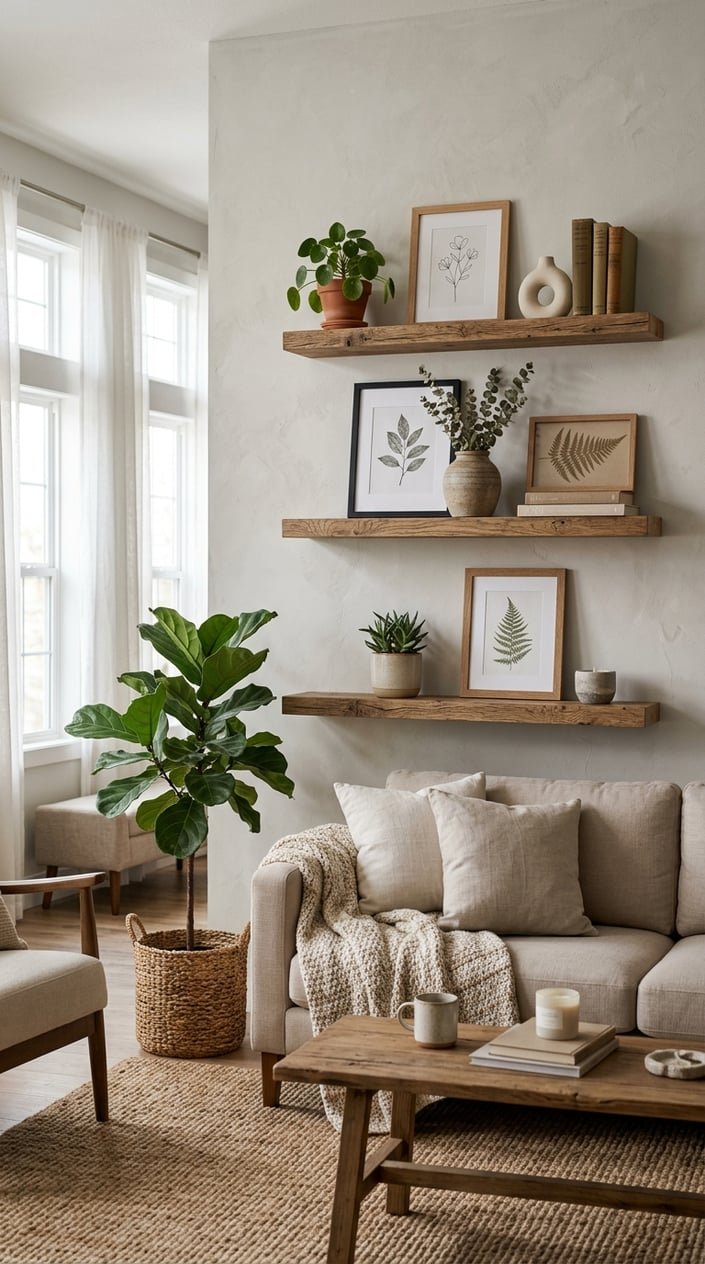 Living room wall with reclaimed wood floating picture ledges holding plants, framed prints, and decorative items above a beige sofa.