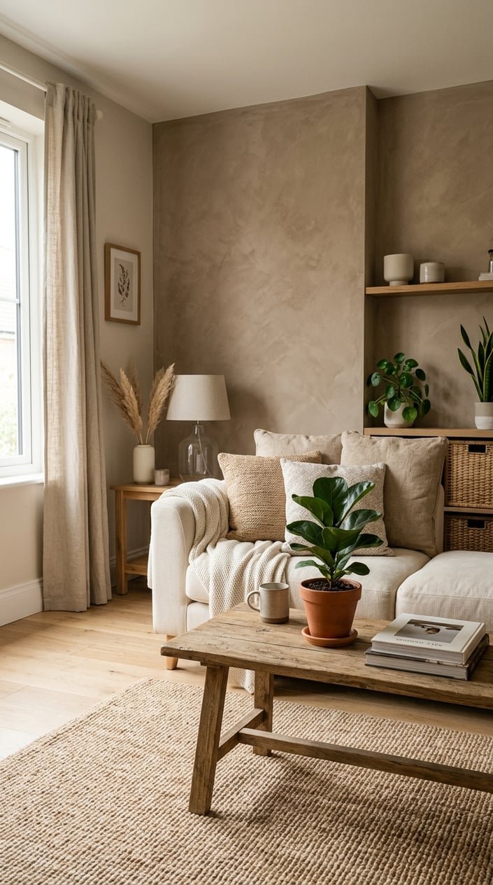 Living room with a warm taupe limewash accent wall, wooden furniture, plants, and a comfortable sofa.