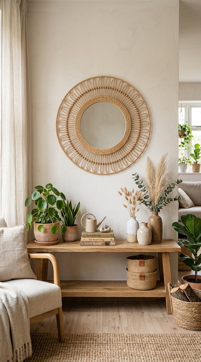 Living room with a round rattan mirror above a low wooden console table decorated with plants and vases.