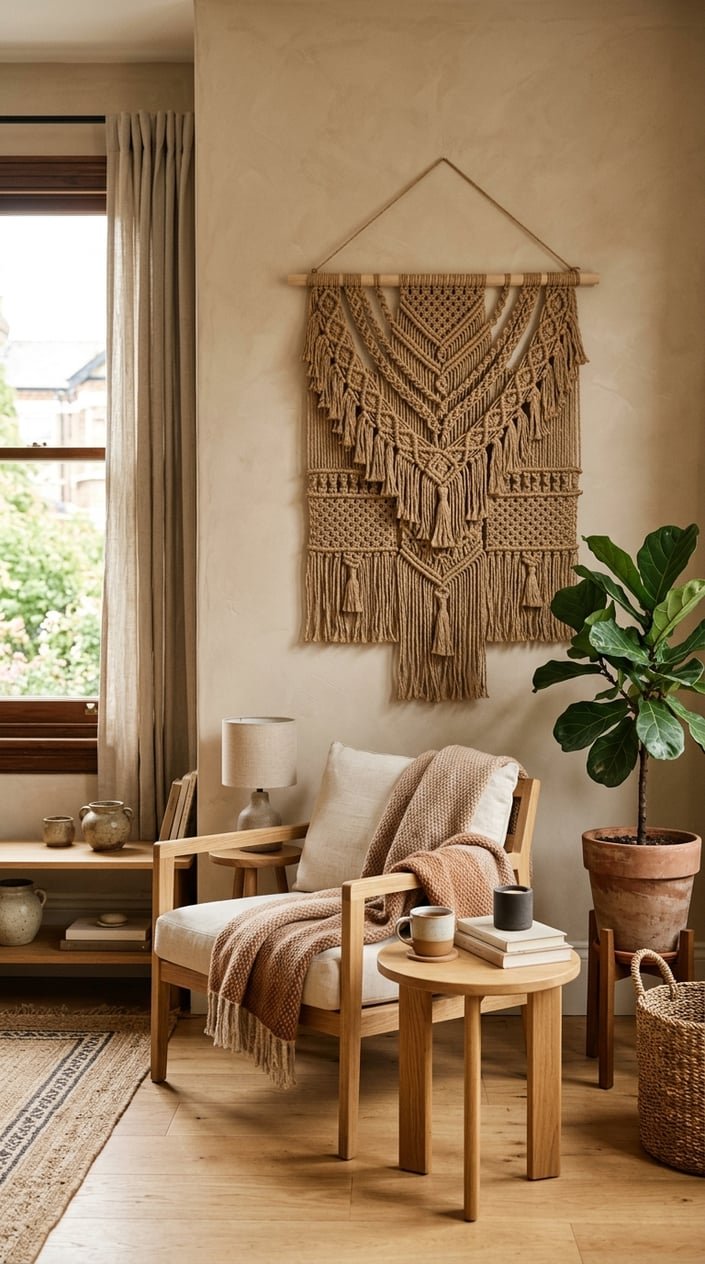 A living room with a textured woven wall hanging, wooden furniture, a green plant, and soft natural lighting.