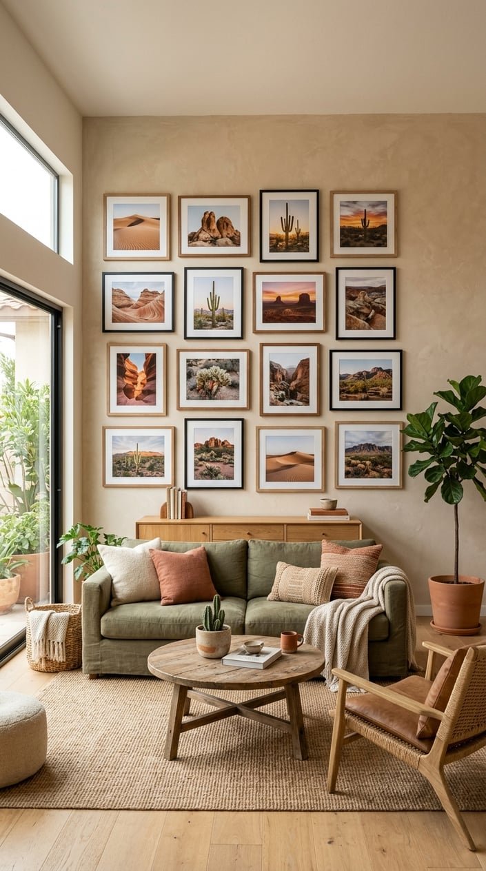 Living room with a gallery wall of sixteen framed desert landscape photographs and natural earthy decor.