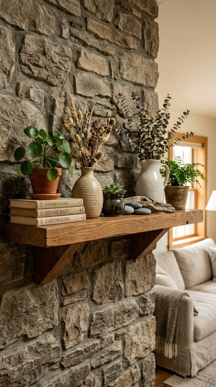 A wooden shelf mounted on a stone wall holding potted plants, ceramic vases, books, and natural decorative items in a living room.