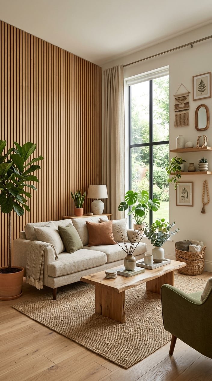 Living room with vertical oak wood slatted wall, beige sofa, wooden coffee table, green plants, and natural light.