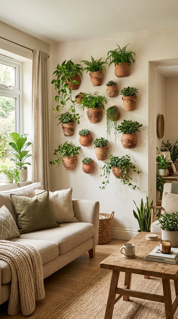 Living room wall decorated with handmade terracotta planters filled with green plants, natural light, and cozy furniture.