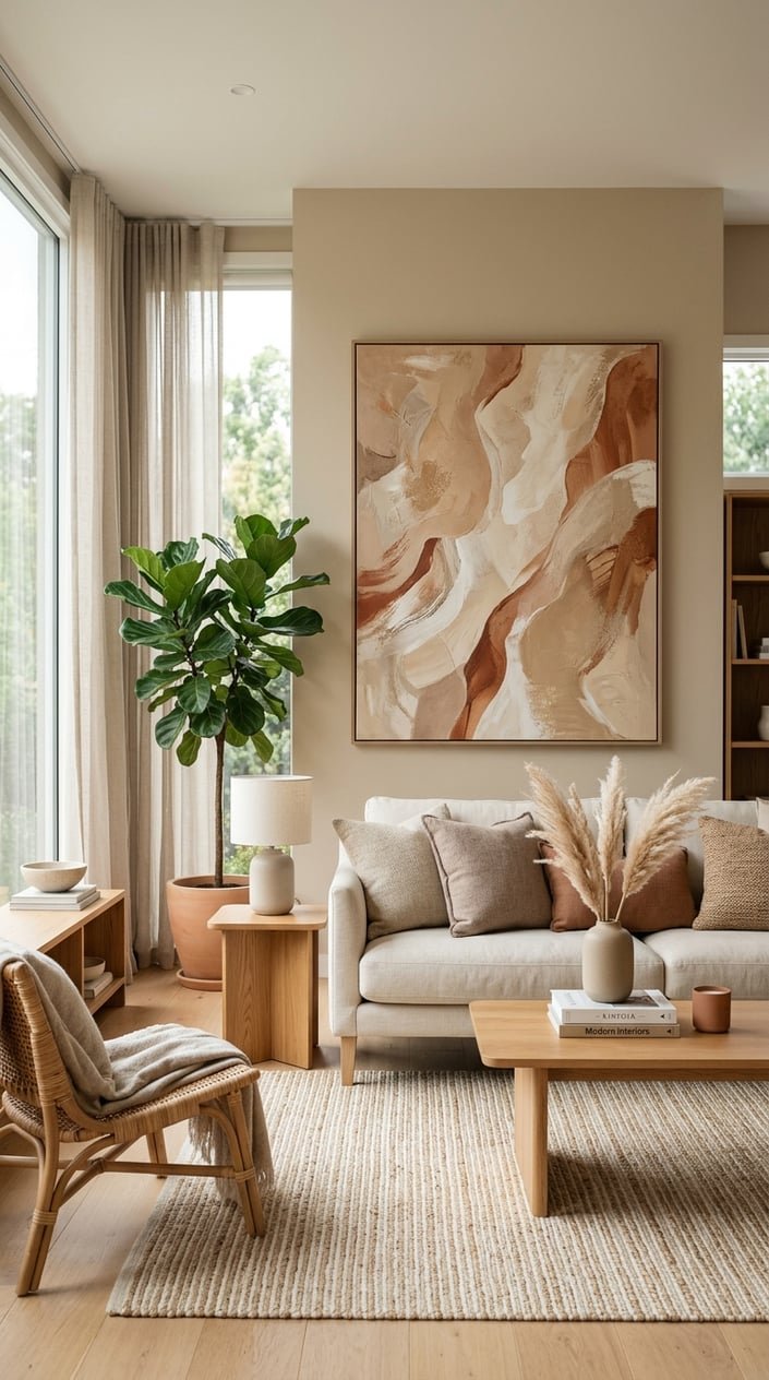A modern living room with a large abstract painting in clay and sand colors on the wall, wooden furniture, and soft natural lighting.