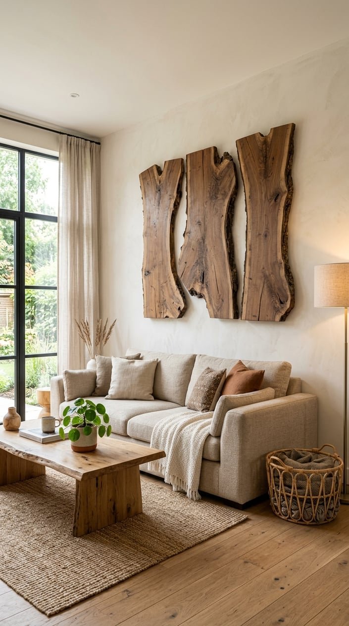 Living room with a large natural wood wall sculpture above a beige sofa, surrounded by plants and wooden furniture.