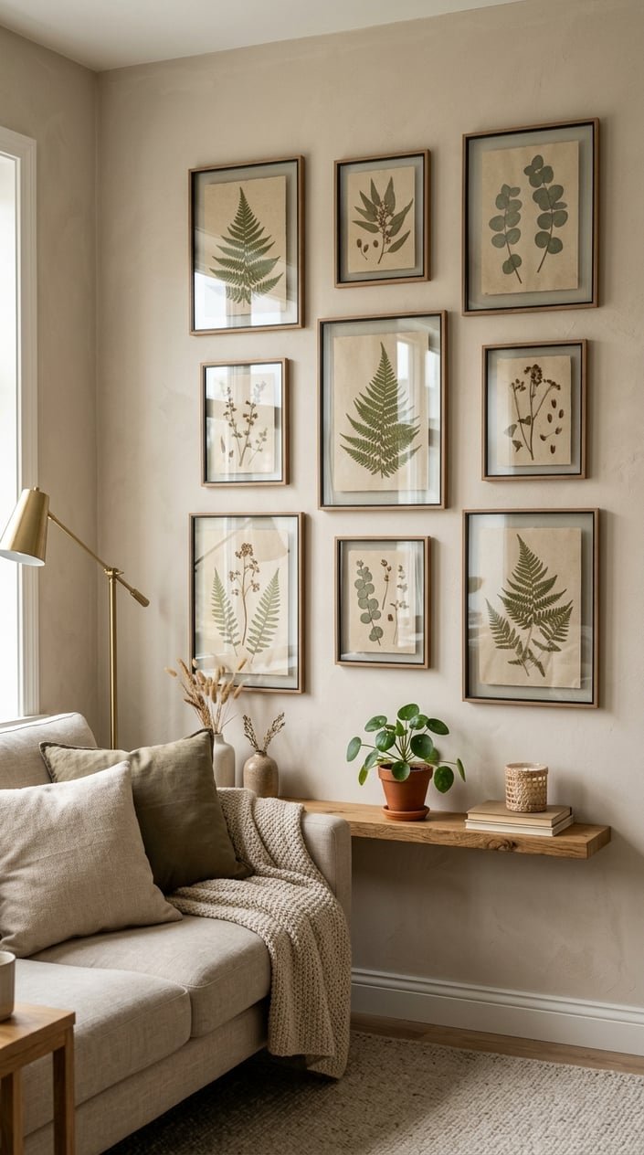Living room wall with pressed fern and eucalyptus leaves displayed in glass frames, surrounded by cozy furniture and natural decor.