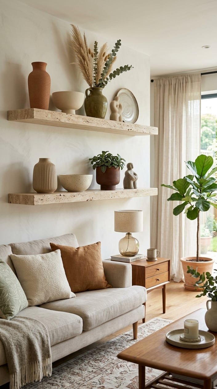 Living room wall with travertine stone ledges displaying various ceramic vases and bowls, with a neutral-toned seating area and plants nearby.