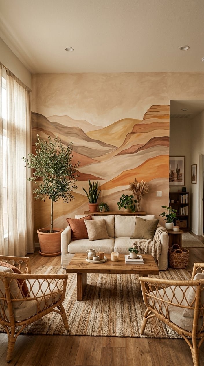 Living room with a large earth-toned mural on the wall, wooden furniture, woven chairs, plants, and soft natural lighting.