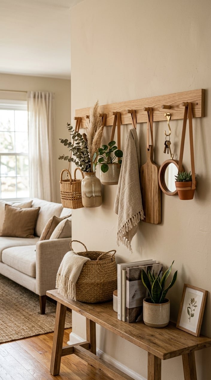 Living room wall with a wooden peg rail featuring leather straps and natural decorative items like plants and vases.