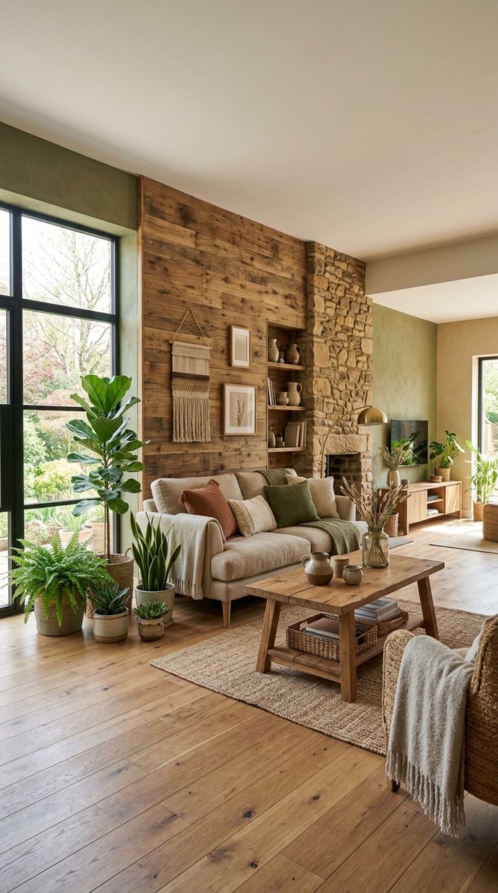 A living room with earthy-toned walls, natural textures, wooden furniture, and indoor plants near large windows with soft natural light.