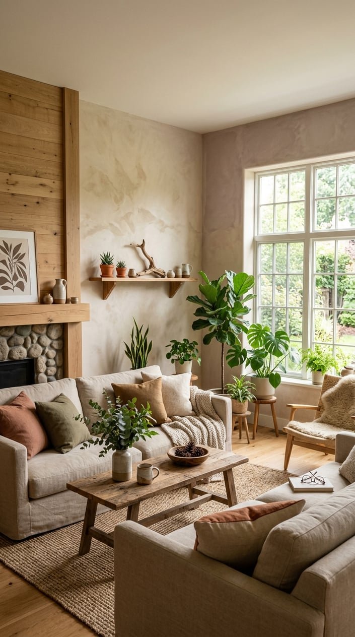 A cozy living room with a beige sofa, wooden coffee table, green plants, and natural decor elements creating a warm and inviting atmosphere.