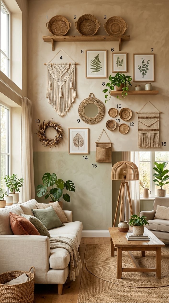 A cozy living room with natural and earthy wall decorations including plants, wooden shelves, woven baskets, and framed botanical prints.