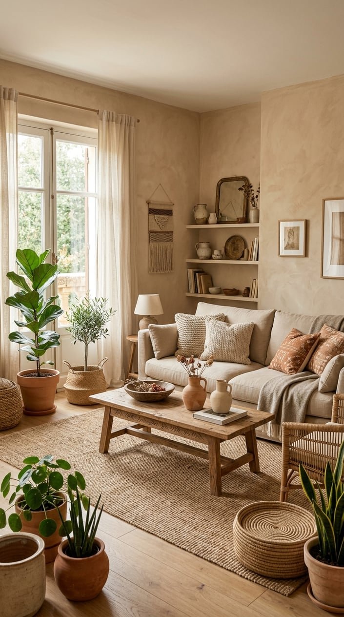 A living room with sand beige walls, a beige sofa, wooden coffee table, green plants, and natural light coming through large windows.