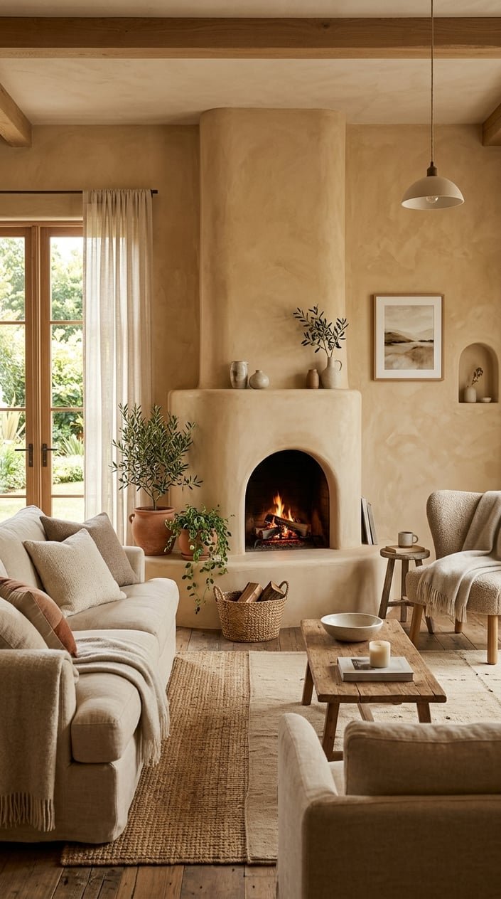 A cozy living room with a built-in plaster fireplace with rounded edges and natural decor.