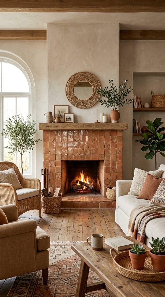 A living room with a hearth surrounded by terracotta tiles, featuring comfortable seating and natural decor.