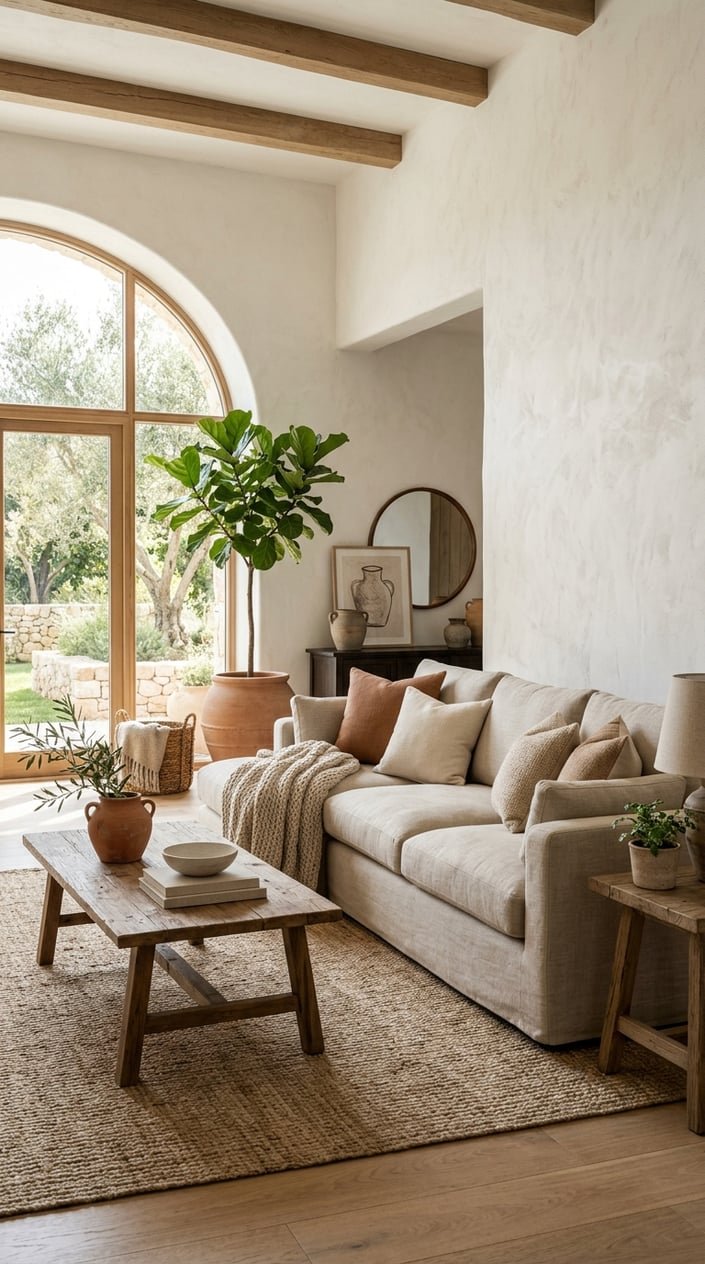 A living room with a deep-seat linen sofa in a light beige color, surrounded by plants and natural decor, with sunlight coming through large windows.